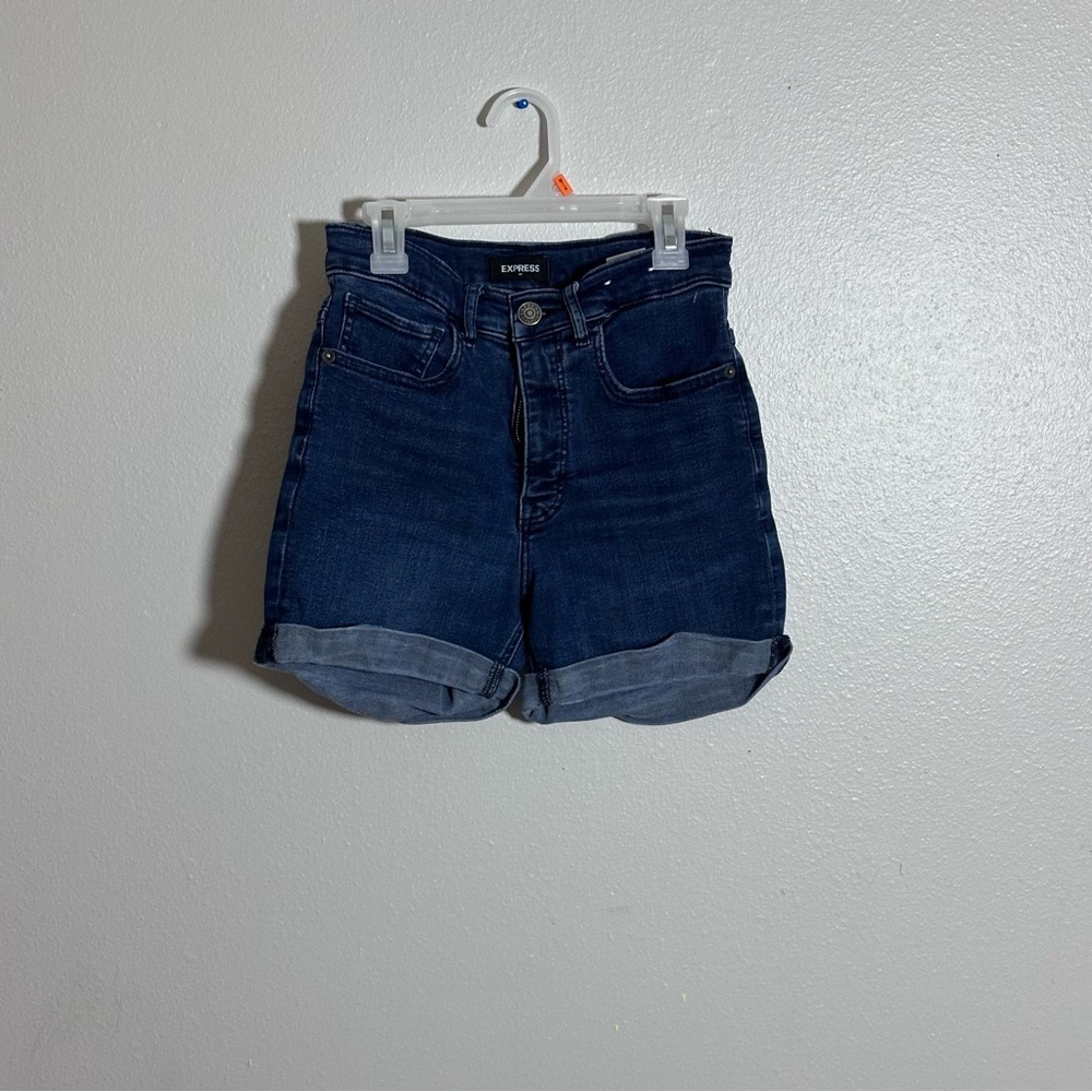 Express Women‎ Blue Stretch Denim Midi High Rise Jean Shorts size 4